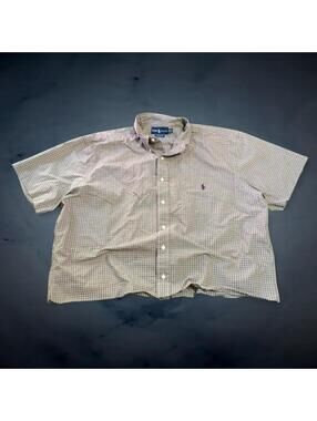 Vintage Y2K Ralph Lauren Plaid Button Up Shirt Mens XL Cropped Hem Green Boxy
